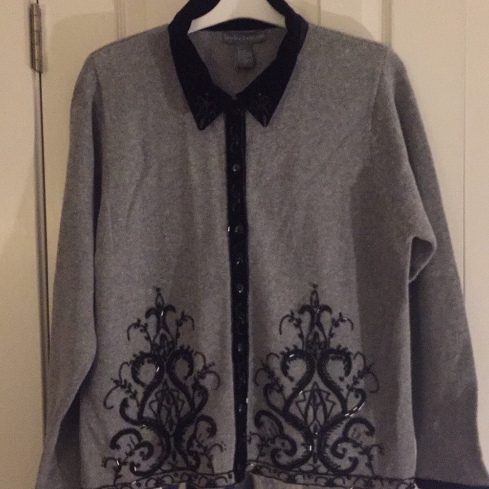 Gray Beaded Cardigan Sweater with velvet detail