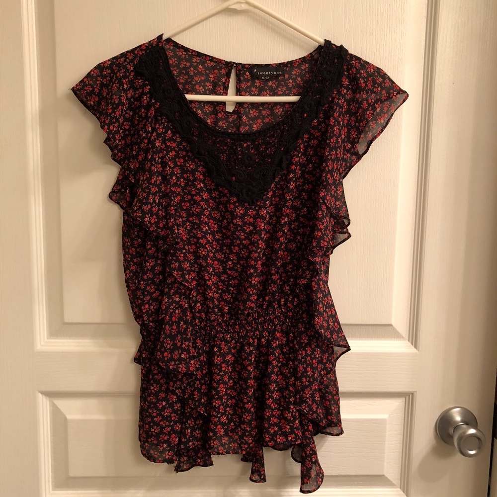 Black and red floral print ruffle top