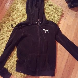 PINK! Black velour zip up hoodie
