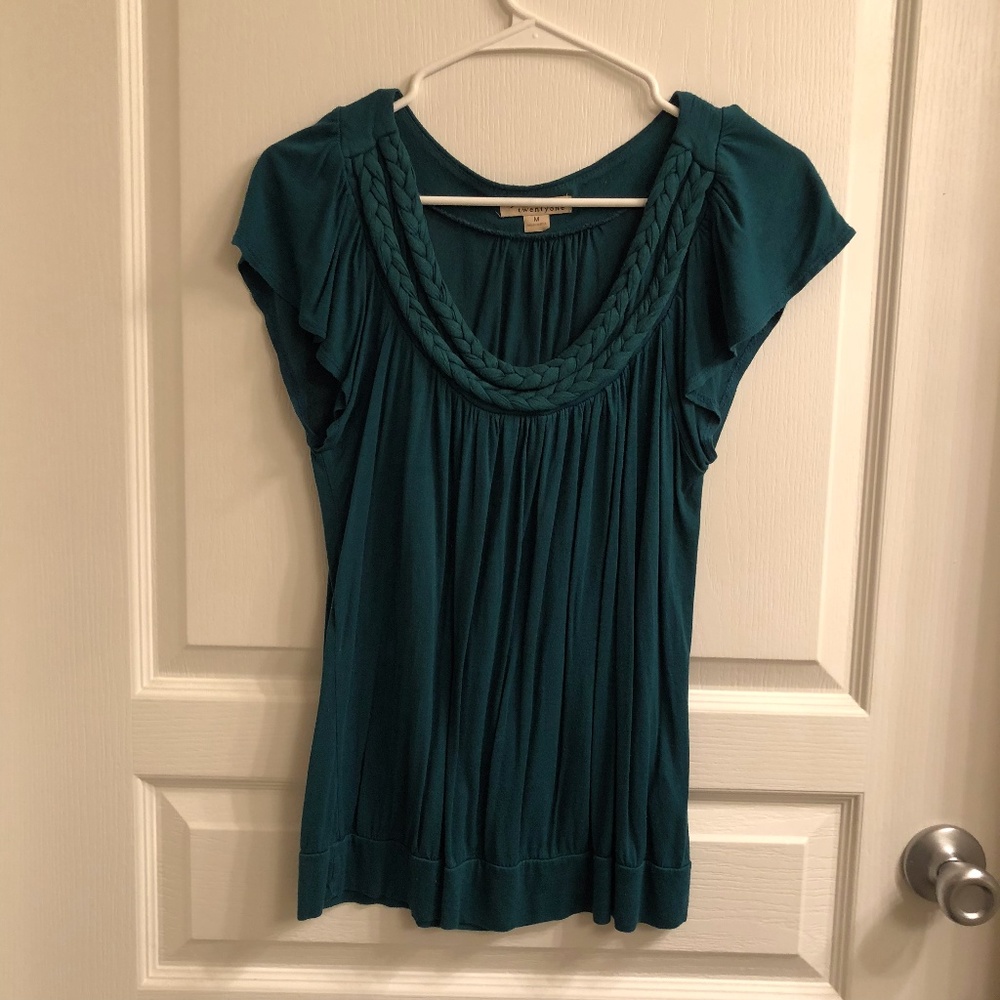 Teal top with braided neckline