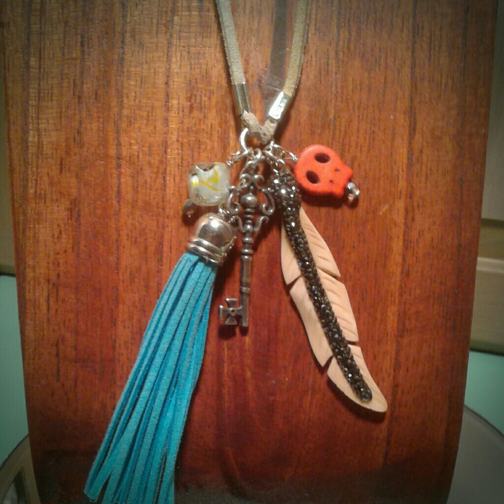 LEATHER TASSEL Necklace w/charms & skull
