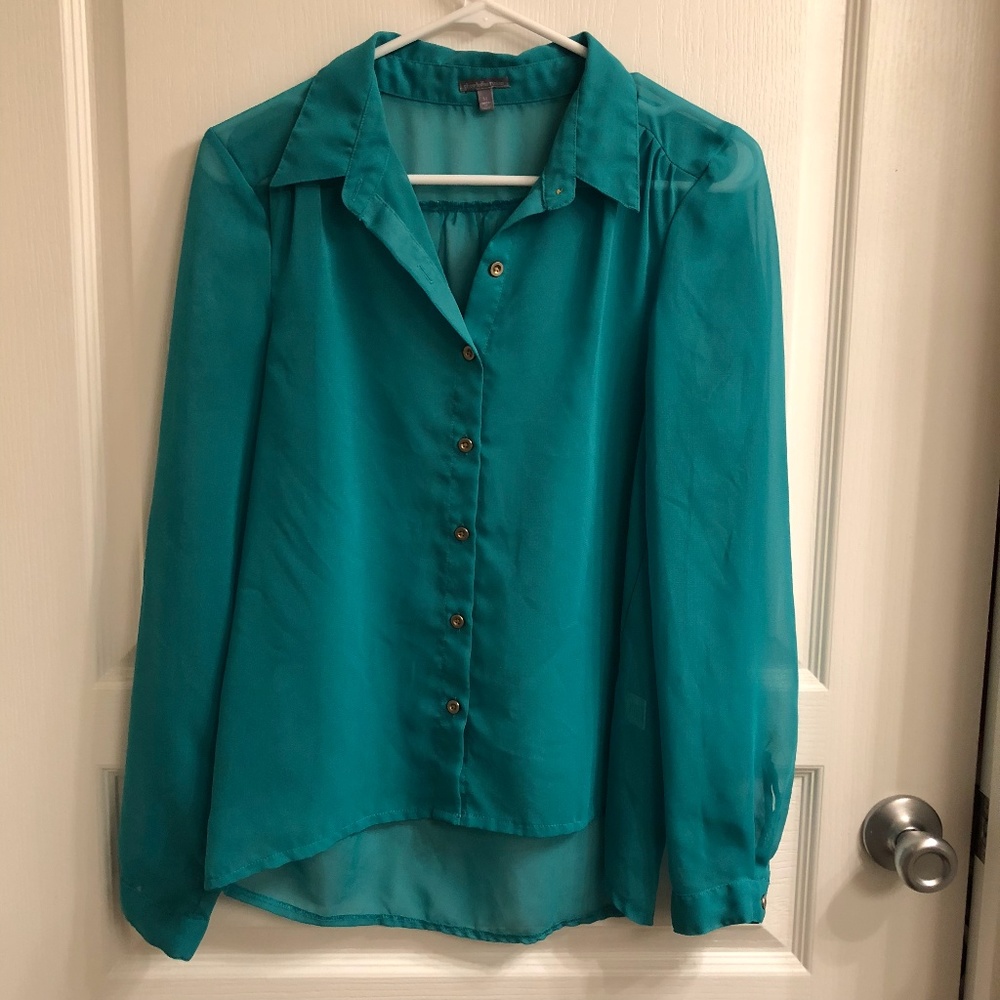 Sheer teal button down top