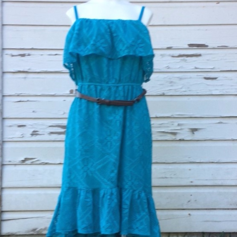 AGB Womens Blue Ruffle Floral Dress Detail Belt