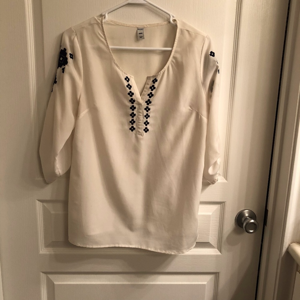 Semi-sheer white blouse with blue embroidery