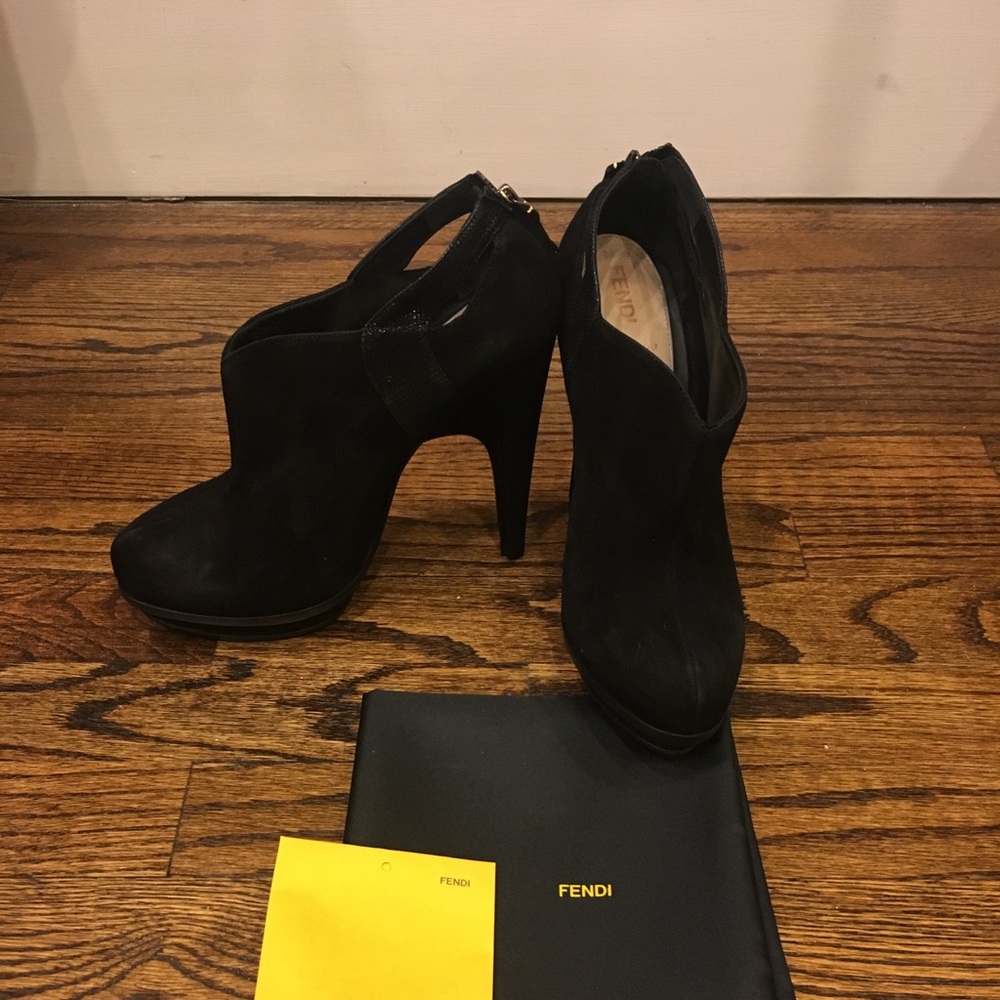 Black Fendi Suede Platform Booties w/Resin Logos
