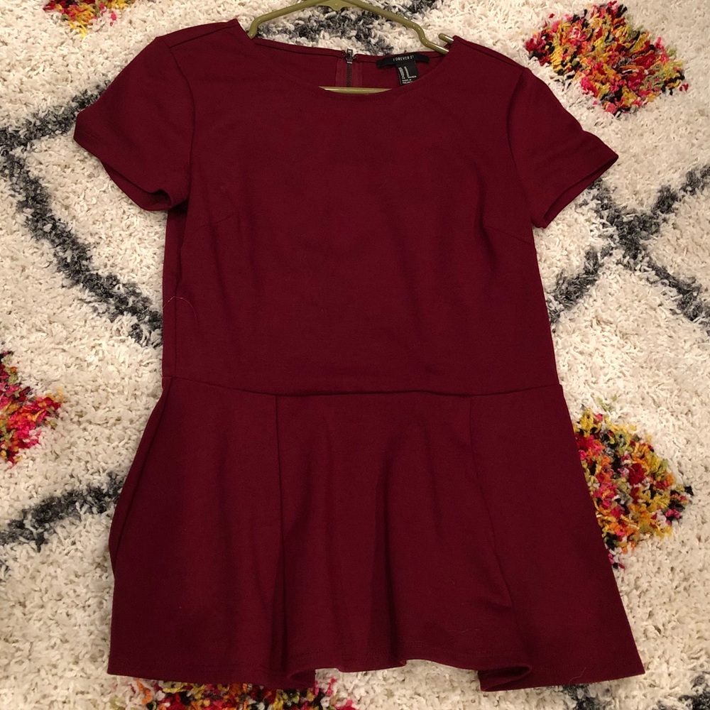 Burgundy Peplum Top w/ Zipper Detail