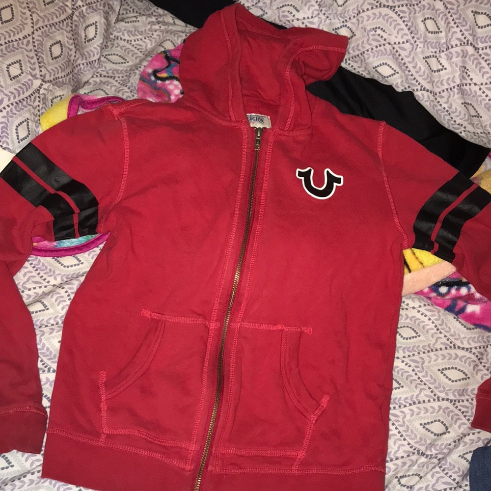 Red and black true religion hoodie