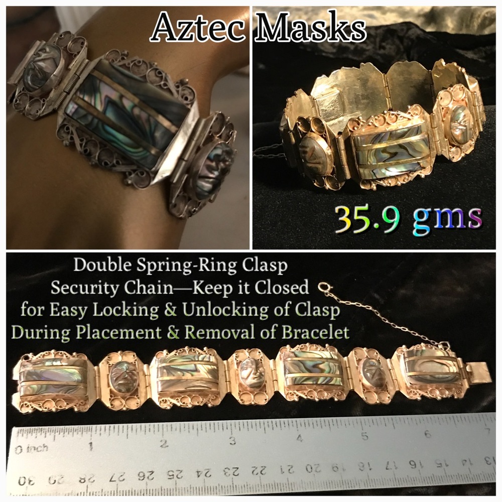 Iguala (Taxco) Sterling Aztec-Mask Hinged Bracelet