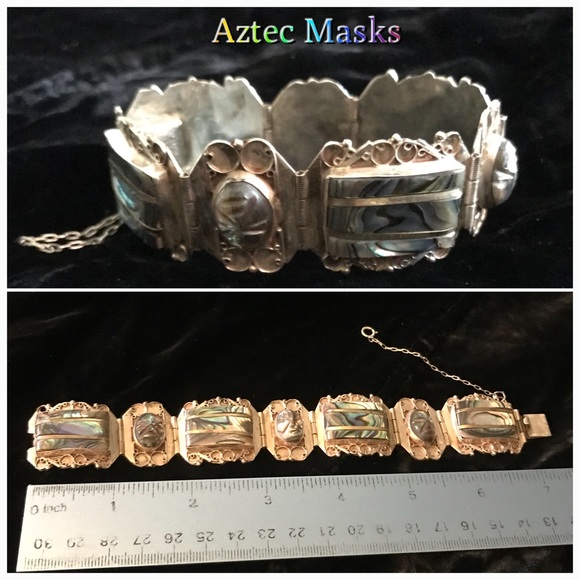 Iguala (Taxco) Sterling Aztec-Mask Hinged Bracelet - Picture 6 of 8