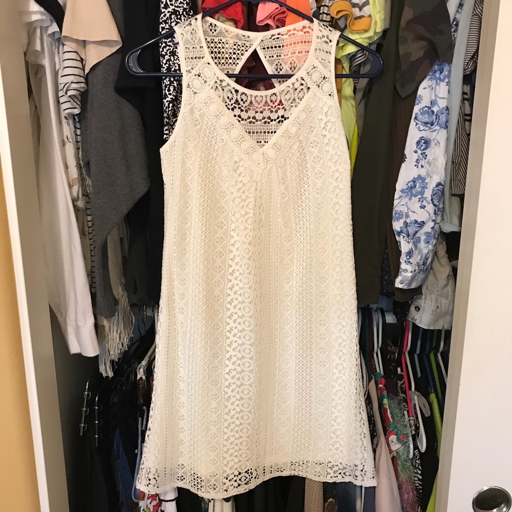 white lace cut out mini shift dress