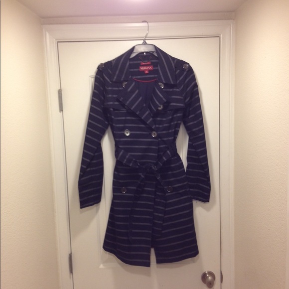 Navy striped trench coat w:tie waist water proof - Picture 2 of 7