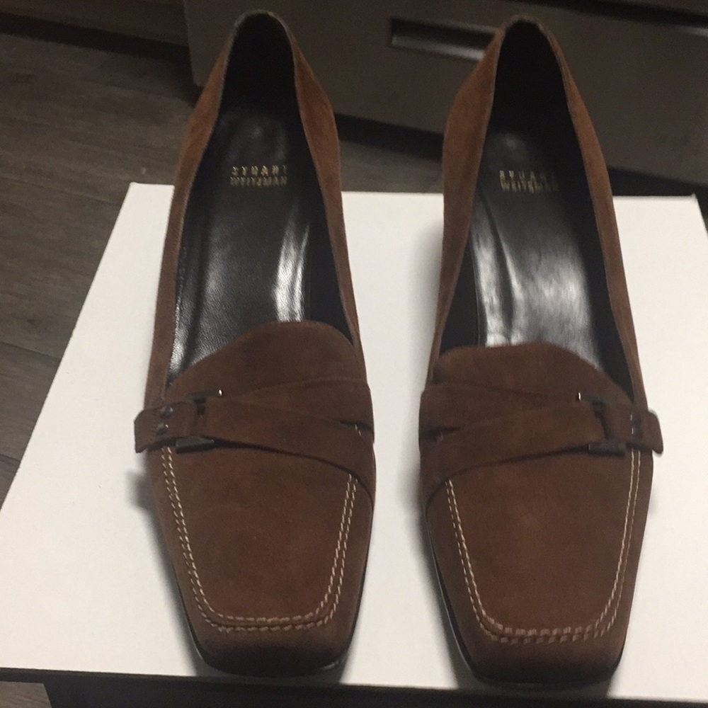 Stuart Weitzman low-heel, brown-suede pump.