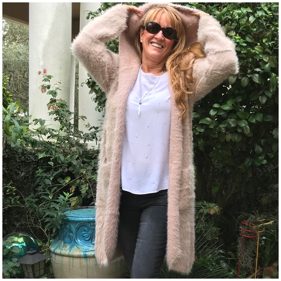 LAST 2 Creamy Rose Fuzzy Hoodie Mohair Cardigan - Picture 4 of 7