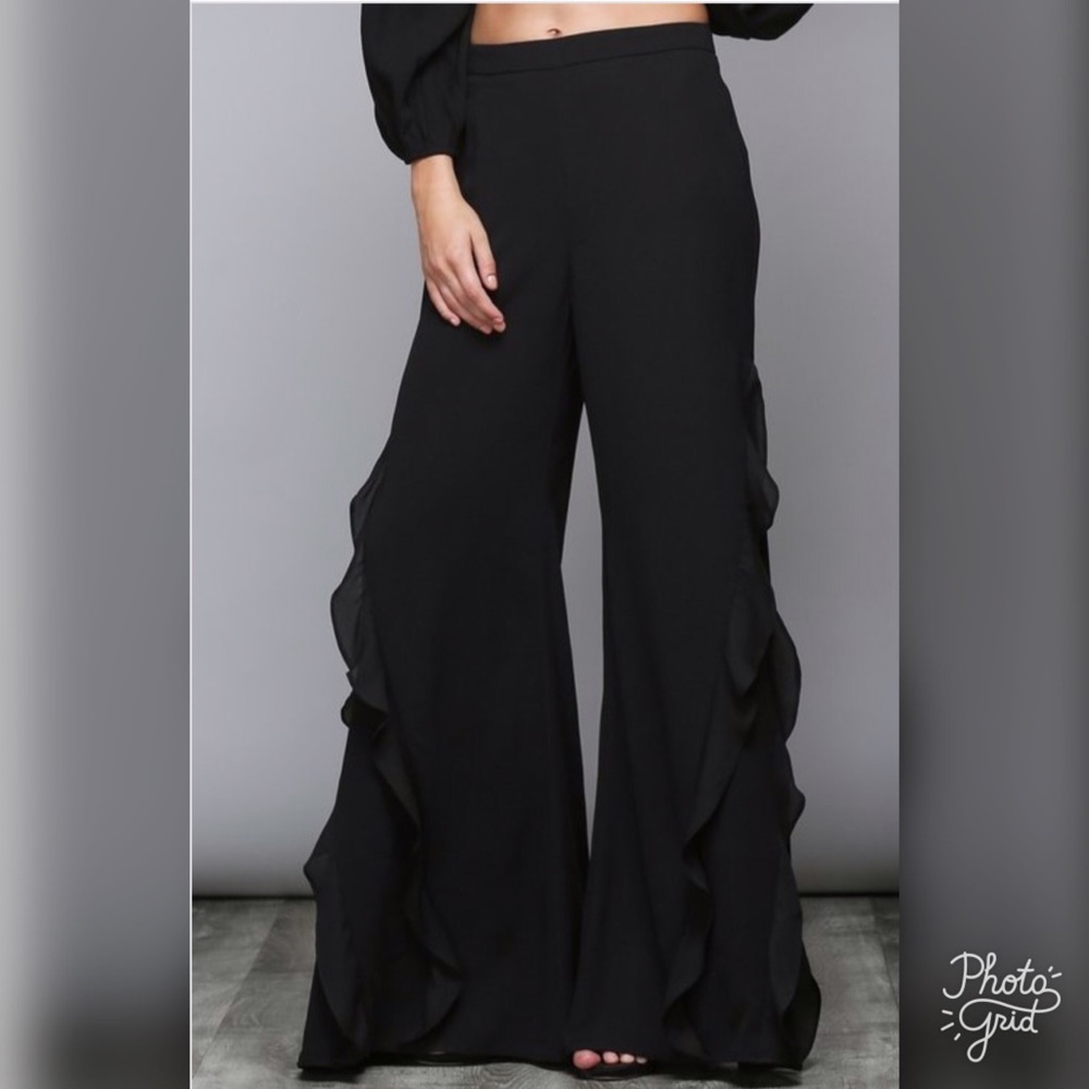 Black Ruffle Wide Leg Pants