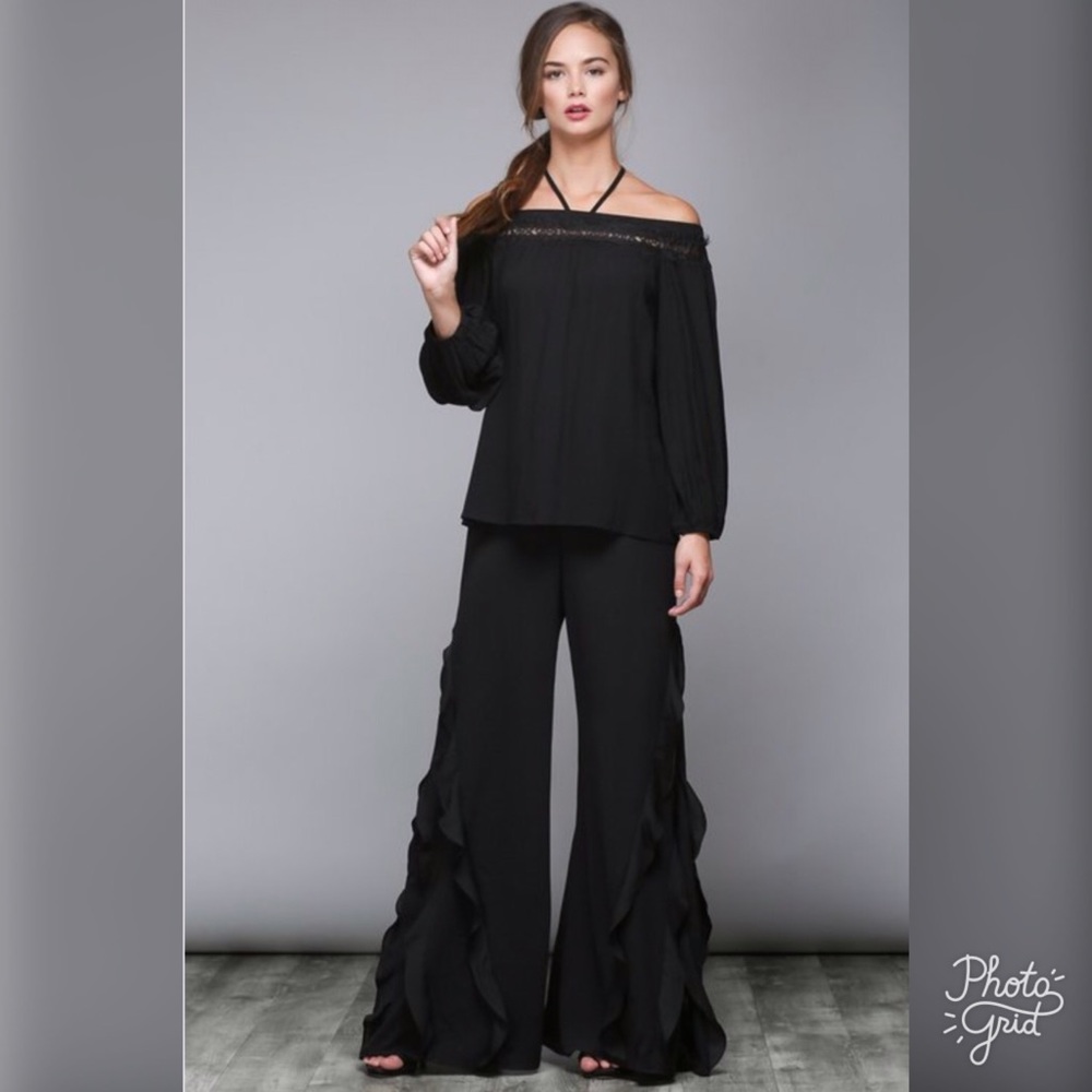 Black Ruffle Wide Leg Pants - Picture 2 of 7