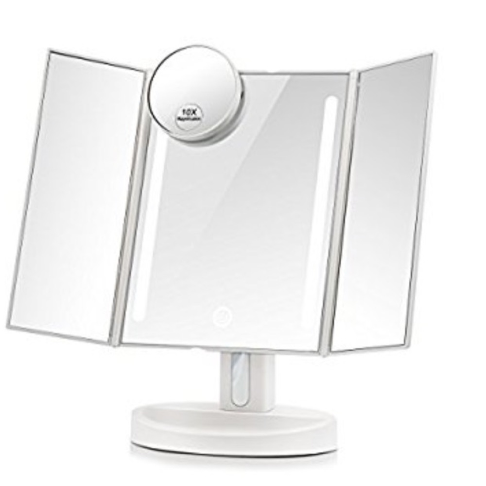 Trifold LED lighted makeup mirror