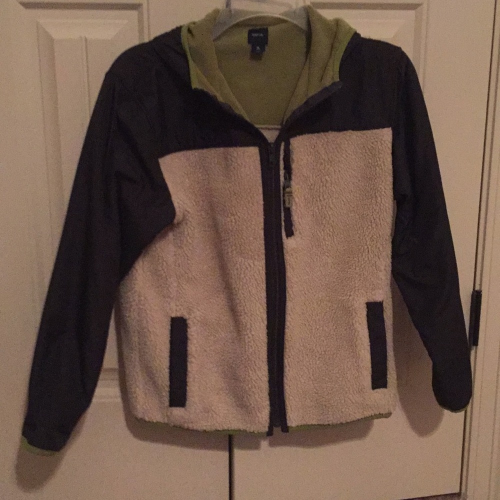 Boys gap zip up jacket green tan XL 12