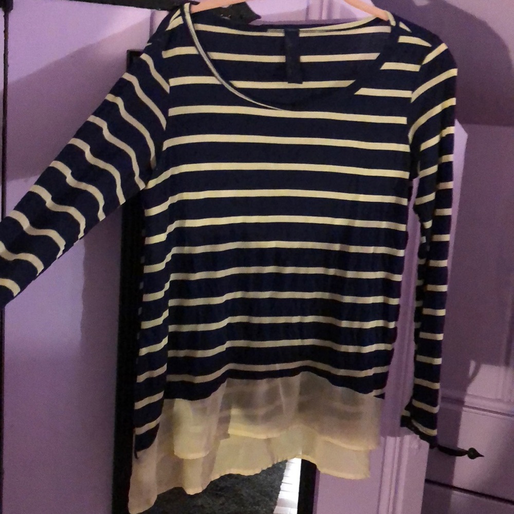 Cream and blue striped silky-ish shirt