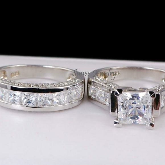 NEW 925 STERLING SILVER PRINCESS CUT WEDDING RINGS ENGAGEMENT RINGS - Picture 2 of 4