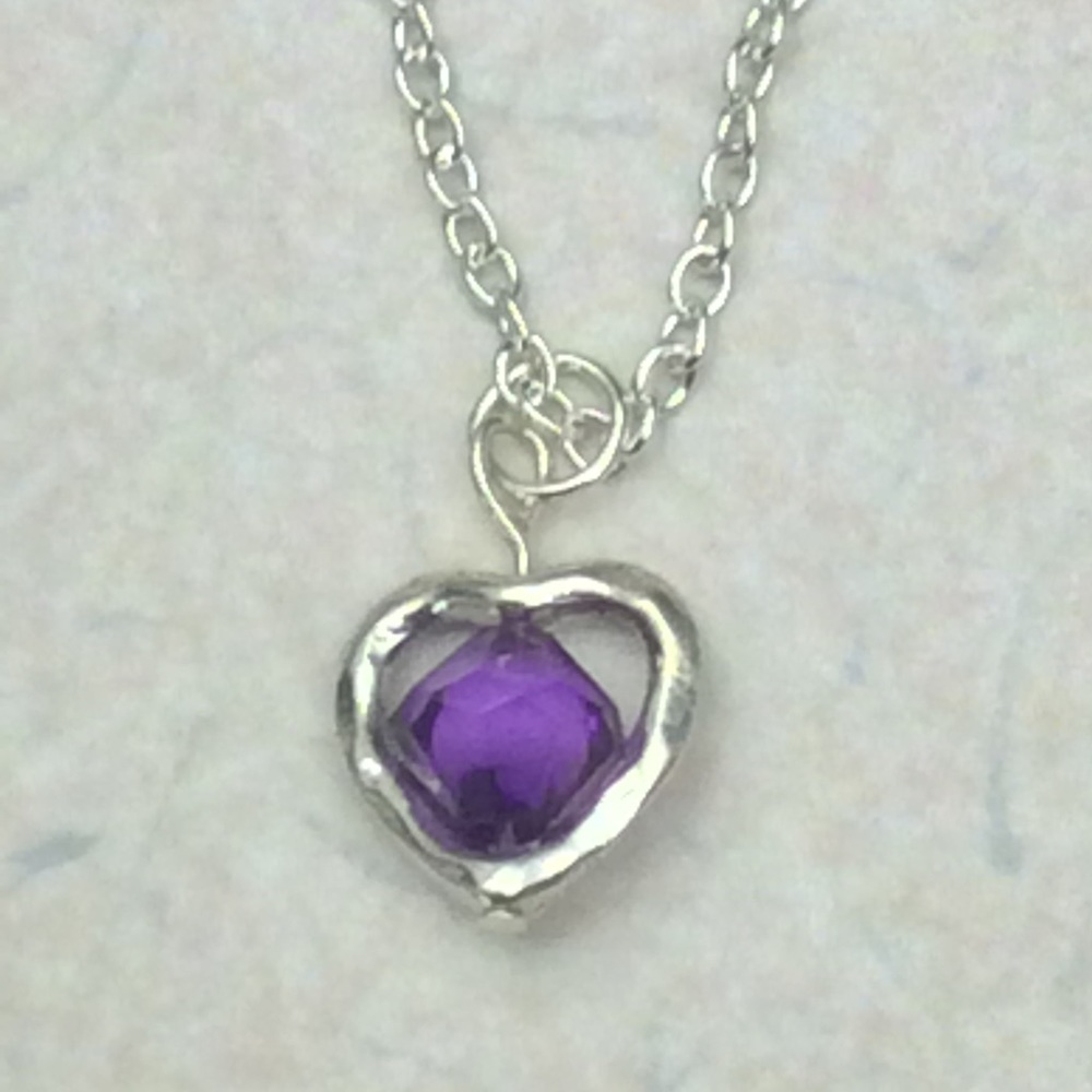 Silver Plated Heart With Purple Bead Necklace