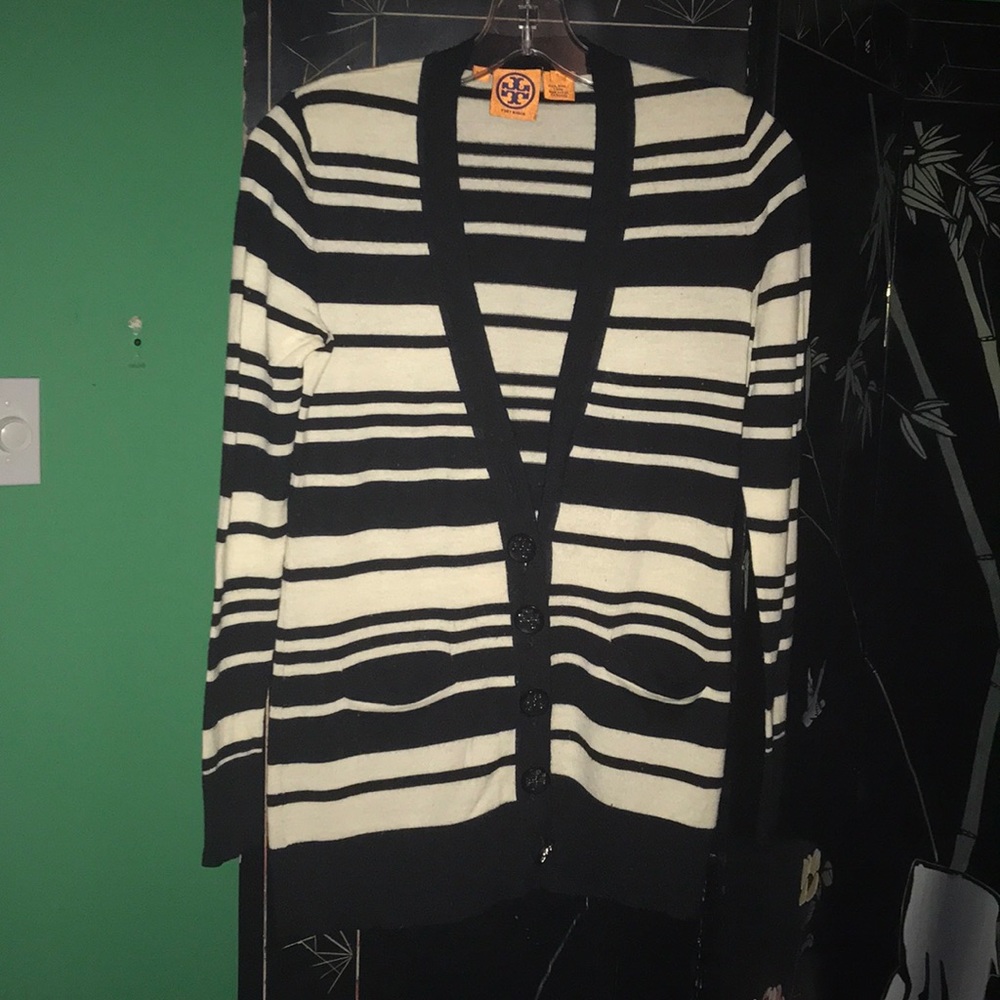 Tory Burch black and ivory stripe cardigan