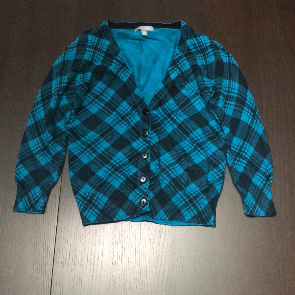dELiA’s Blue and Black Plaid Button Front Cardigan
