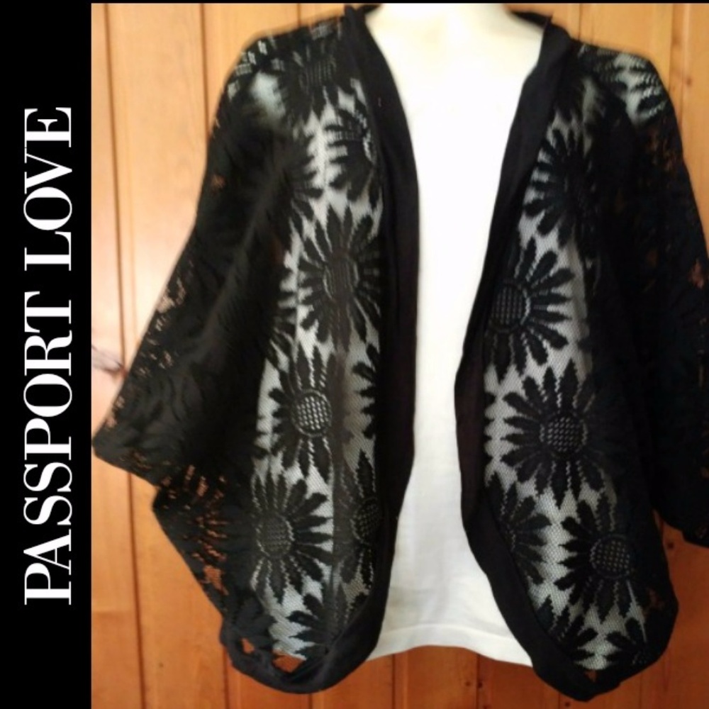 Sheer Black Lace Flowered Batwing Sleeve Shrug XL