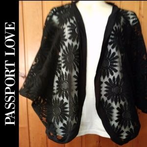 Sheer Black Lace Flowered Batwing Sleeve Shrug XL