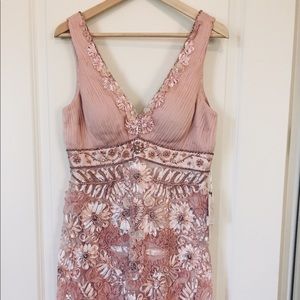 Sue Wong V Neck Rose Midi Cocktail Dress in Blush