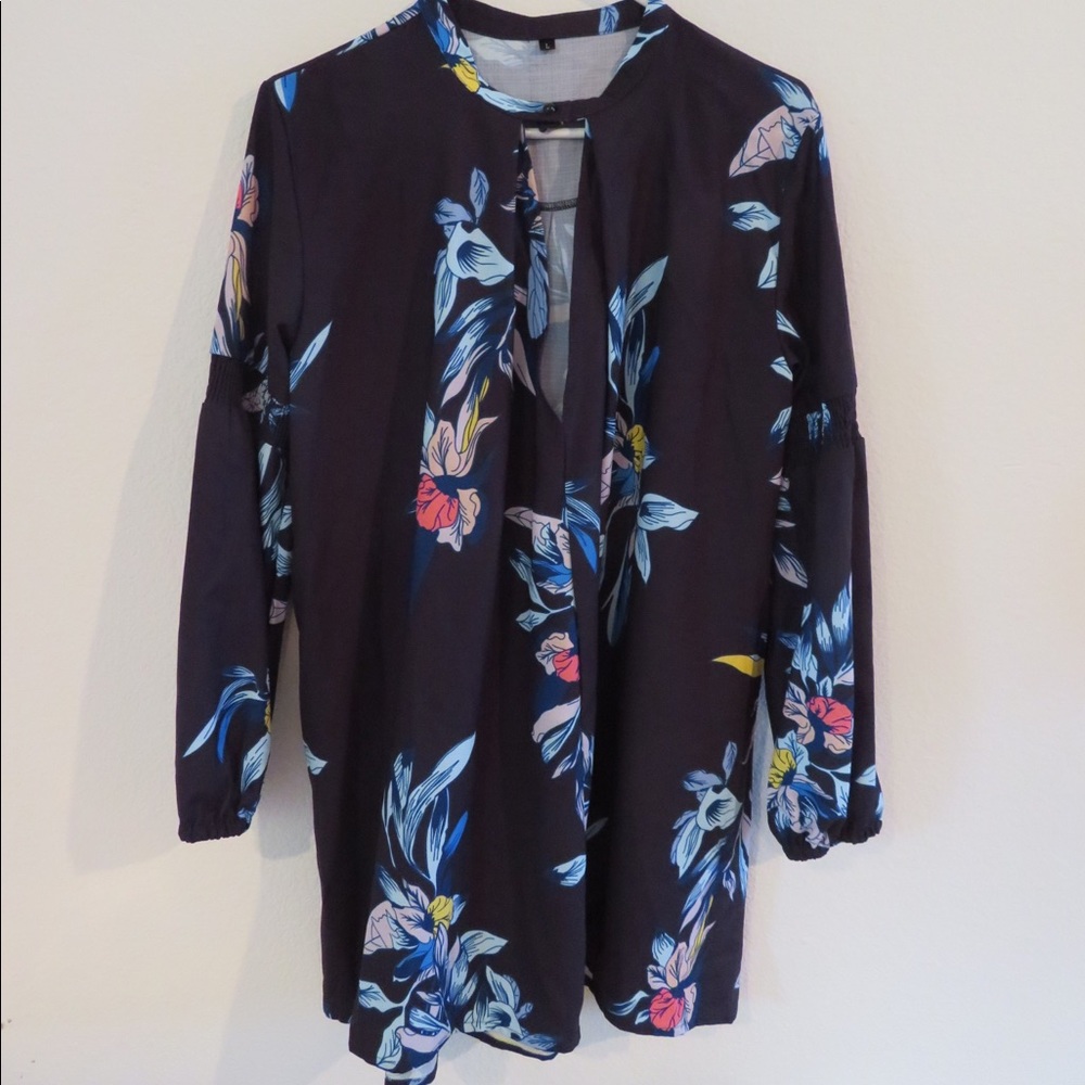 Blue floral v neck fasten neck dress - large