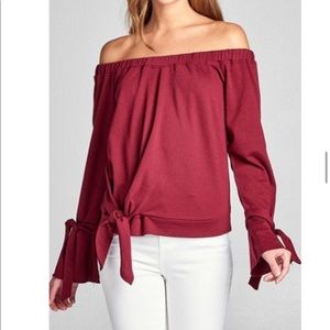 Off Shoulder French Terry Top Tie Front & Sleeves
