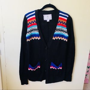 Black Long-Sleeve Cardigan • Colorful Print Detail