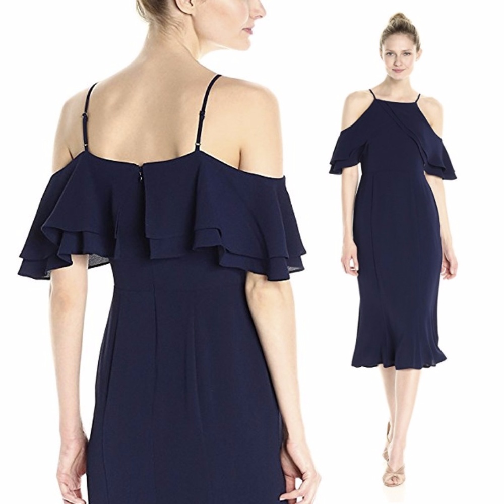 London Times Crepe Sheath Dress with Ruffle Navy