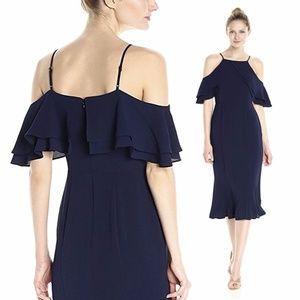 London Times Crepe Sheath Dress with Ruffle Navy