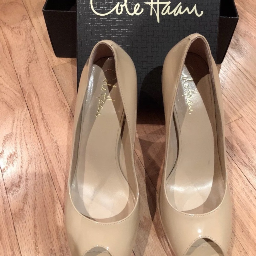 Cole Haan nude patent leather peep toe pumps