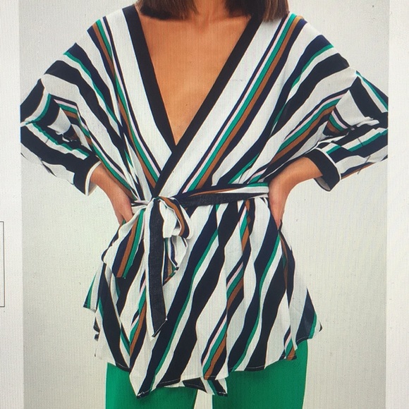 Missguided Tops - Navy Bold Stripe Tie Waist Blouse