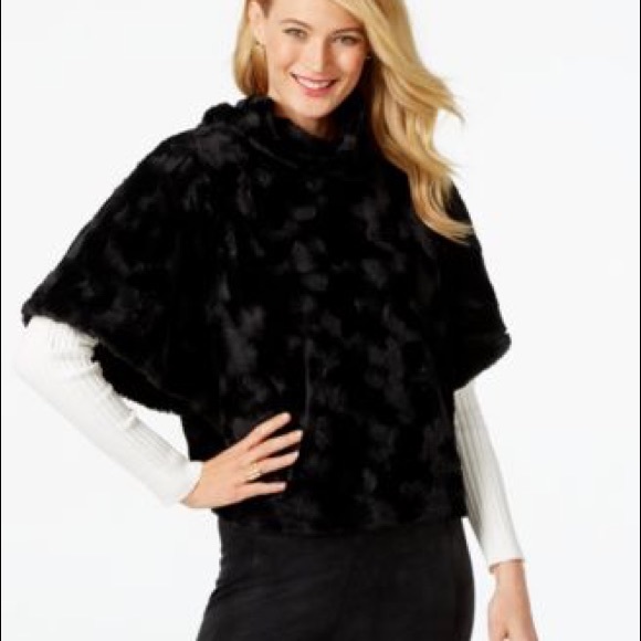 INC Black Faux Fur Turtleneck Poncho Sweater Top - Picture 3 of 4