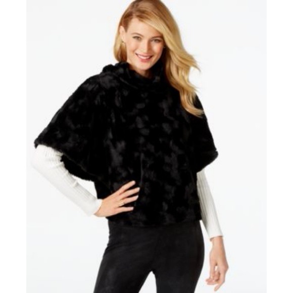 INC Black Faux Fur Turtleneck Poncho Sweater Top - Picture 1 of 4