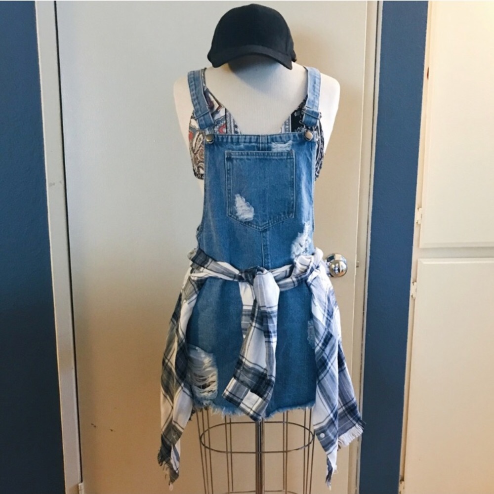 NWT denim distressed overall dress Small