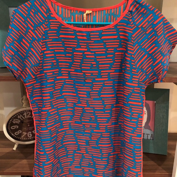 Short Sleeve Fitted Chiffon Bright Blue/Orange Top - Picture 1 of 2