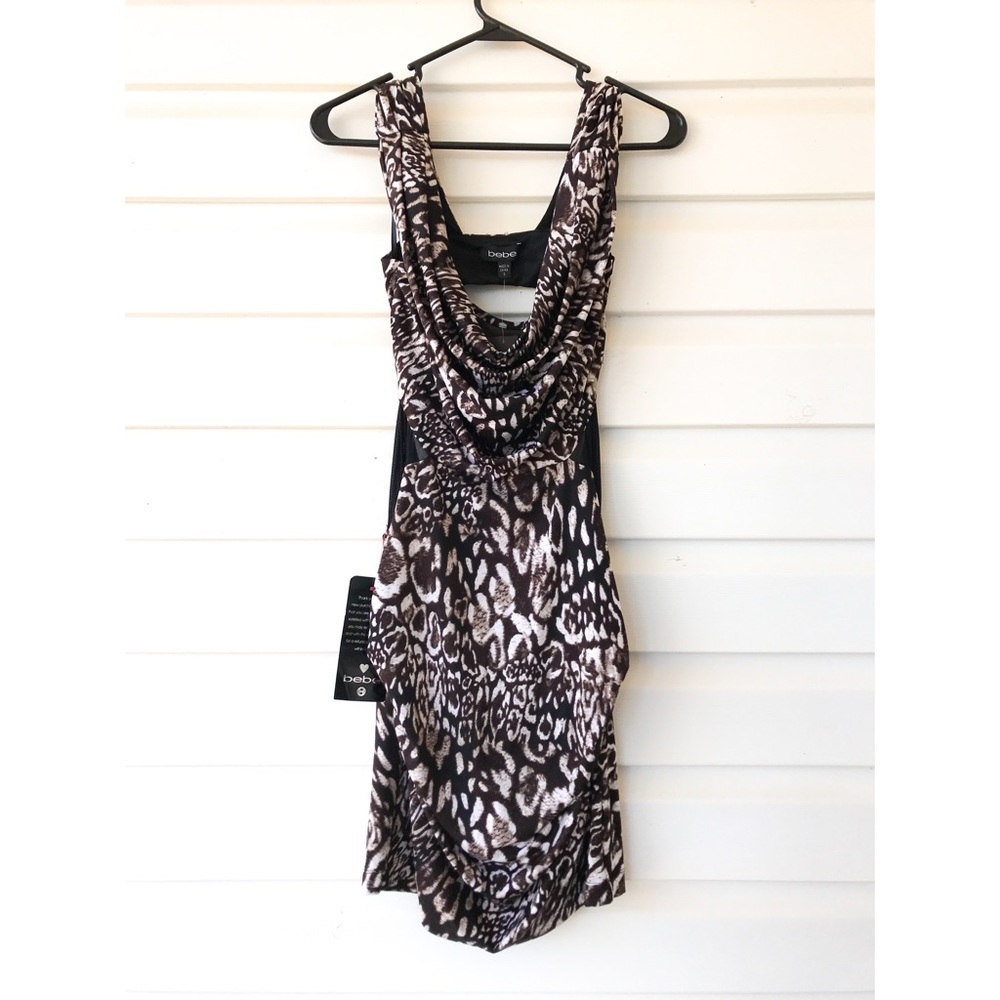 *NWT* BEBE Cut Out mesh inset cowl print dress