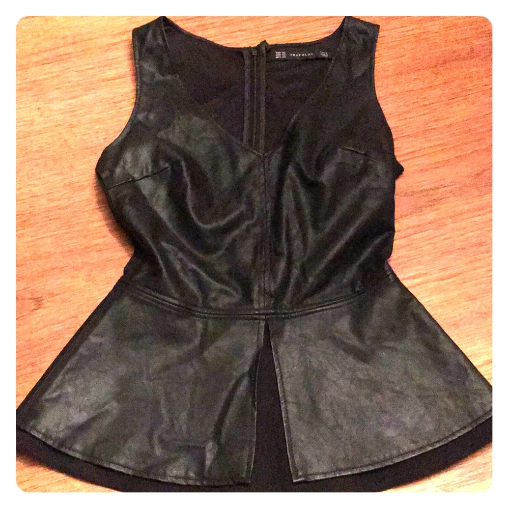 Zara Faux Leather Peplum Black Tank XS