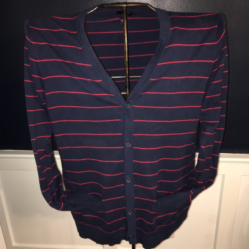 Blue and Res Striped Mens Cardigan size Large