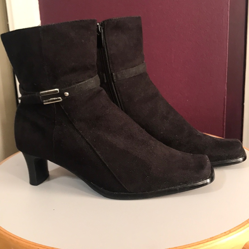 Black suede heel booties size 6.5