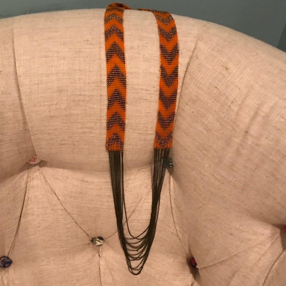 Orange and bronze chevron beaded necklace
