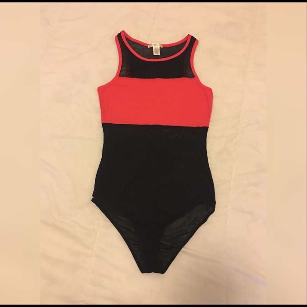 Coral and black see through bodysuit