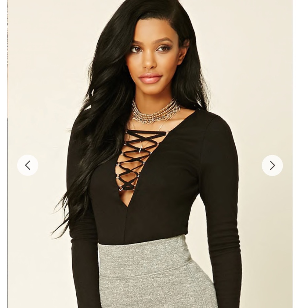 NWT Forever21 Black Plunging Lace-up Top