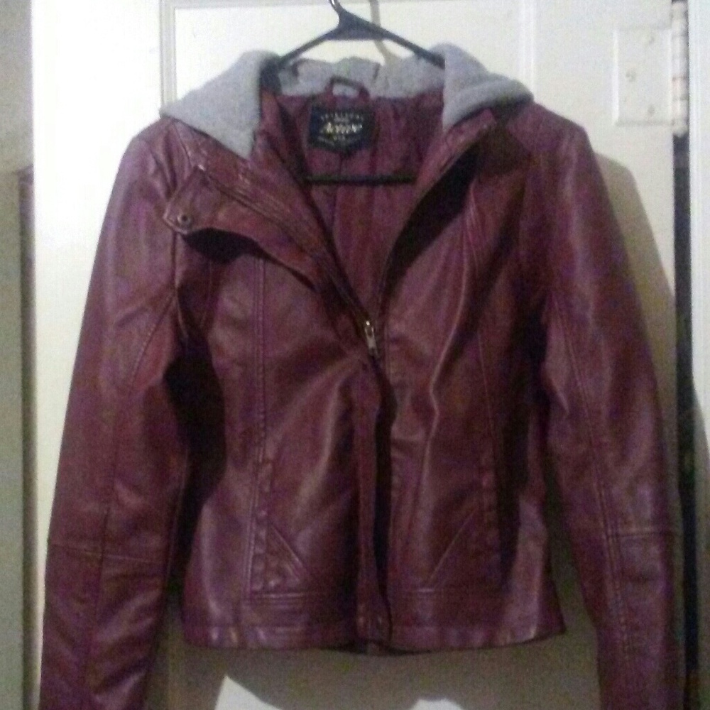 Burgundy leather jacket with hoodie