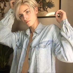 Denim button down with horse stitching on back