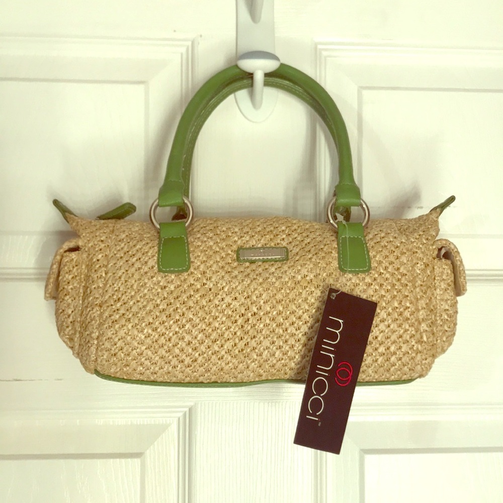 NWT- Minicci small tan bag with green straps